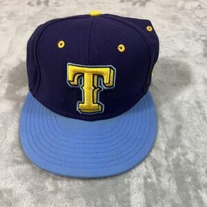 T Logo MLB Hat Cap Fitted Mens 7 3/8 Navy Blue Yellow Baseball New Era